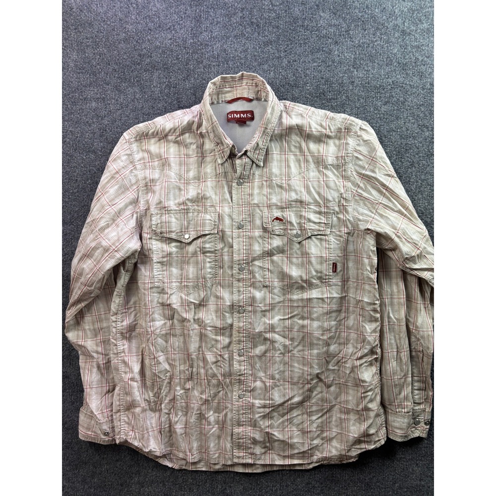 Simms Fishing Shirt Womens L Tan Red Plaid Long Sleeve Pearl Snap Ventilated